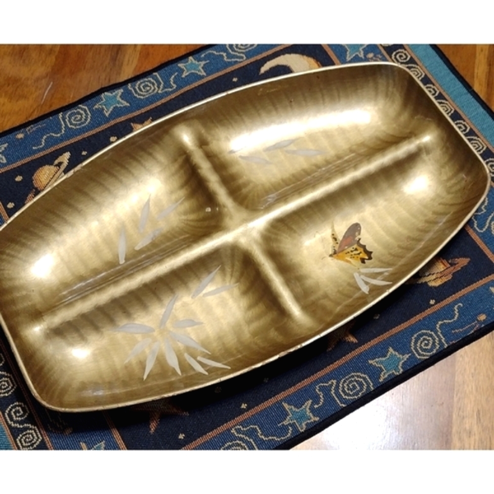 Vintage Gold Lacquer Tray Catch All Shell Hand Painted Butterfly Asian Decor